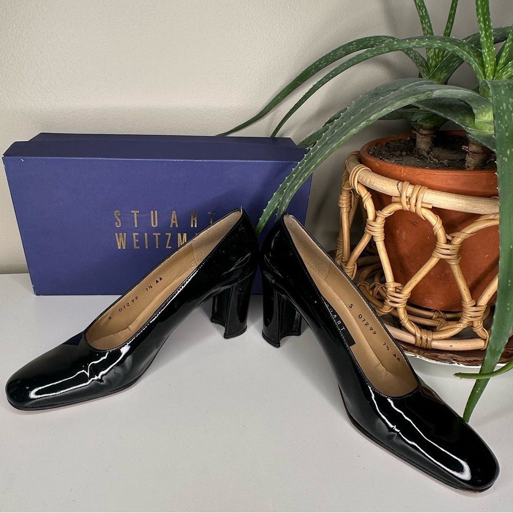 VTG Stuart Weitzman Lex Black Patent Leather Pumps 7.5 AA Block Heel Square Toe - Picture 6 of 15